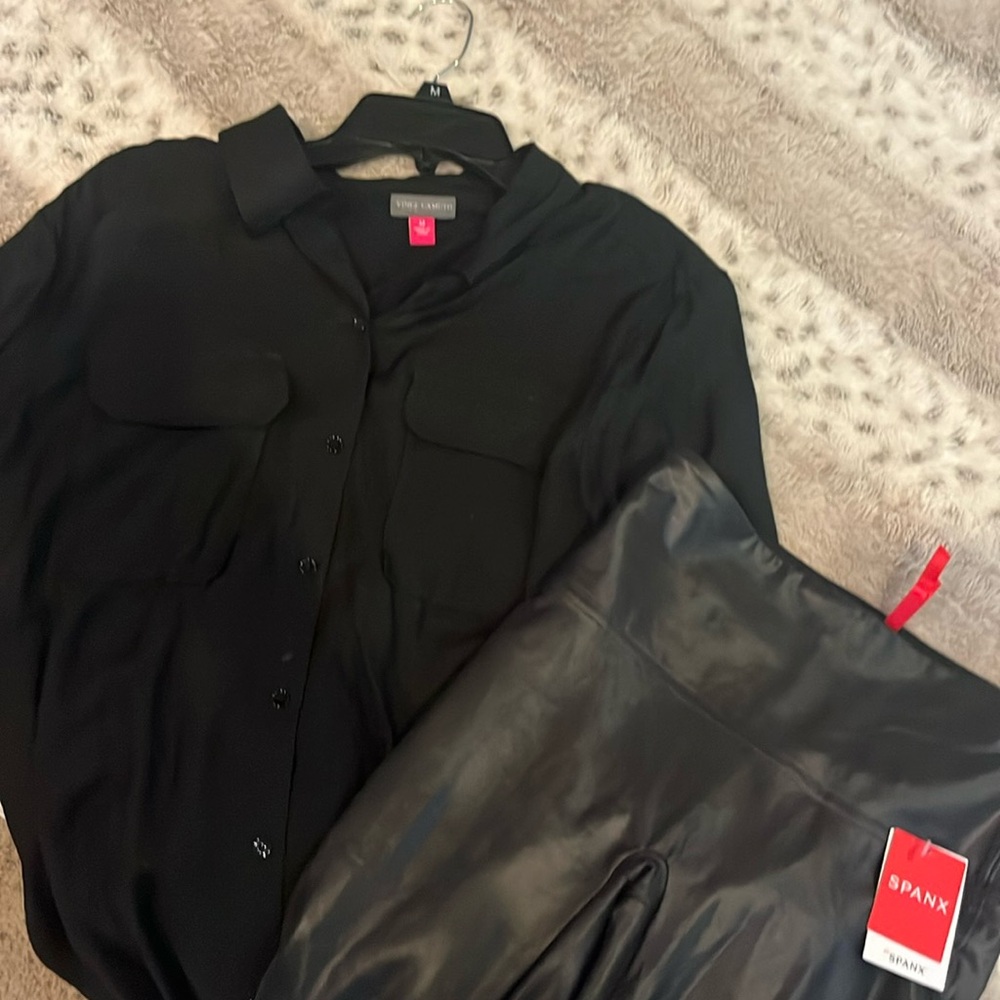 Cute outfit black spanx leggings and Vince caution blouse